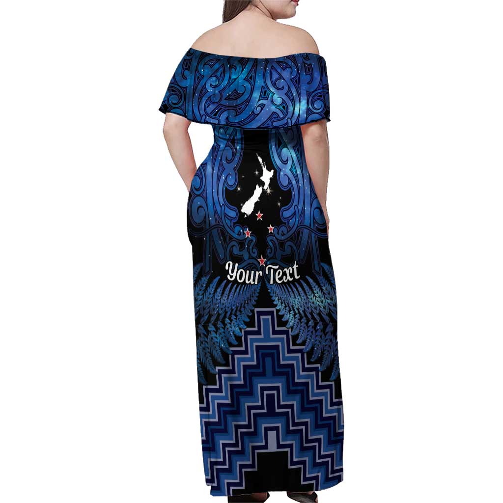 Personalised Aotearoa Matariki Family Matching Off Shoulder Maxi Dress and Hawaiian Shirt Blue Fern Maori Poutama