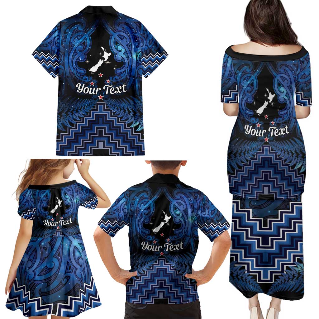 Personalised Aotearoa Matariki Family Matching Puletasi and Hawaiian Shirt Blue Fern Maori Poutama