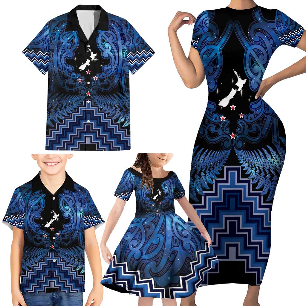 Personalised Aotearoa Matariki Family Matching Short Sleeve Bodycon Dress and Hawaiian Shirt Blue Fern Maori Poutama