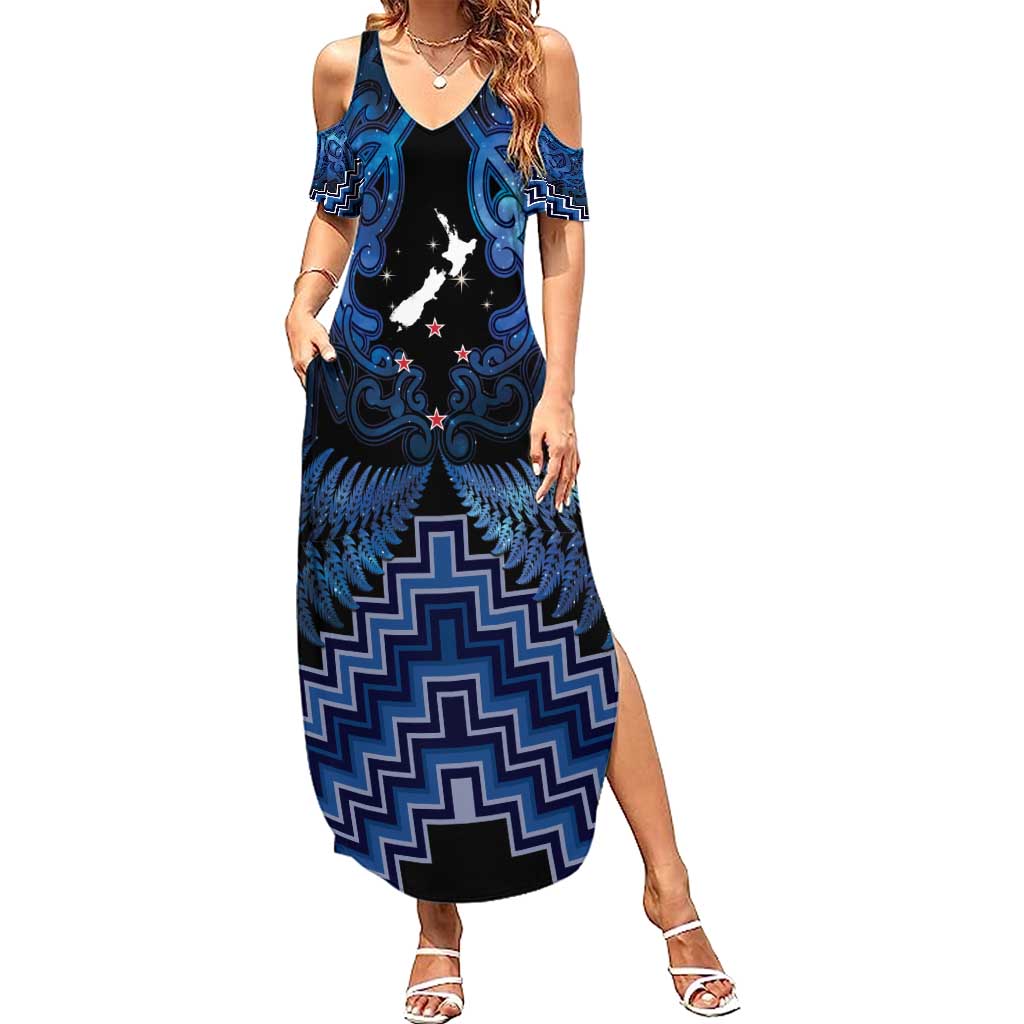 Personalised Aotearoa Matariki Family Matching Summer Maxi Dress and Hawaiian Shirt Blue Fern Maori Poutama