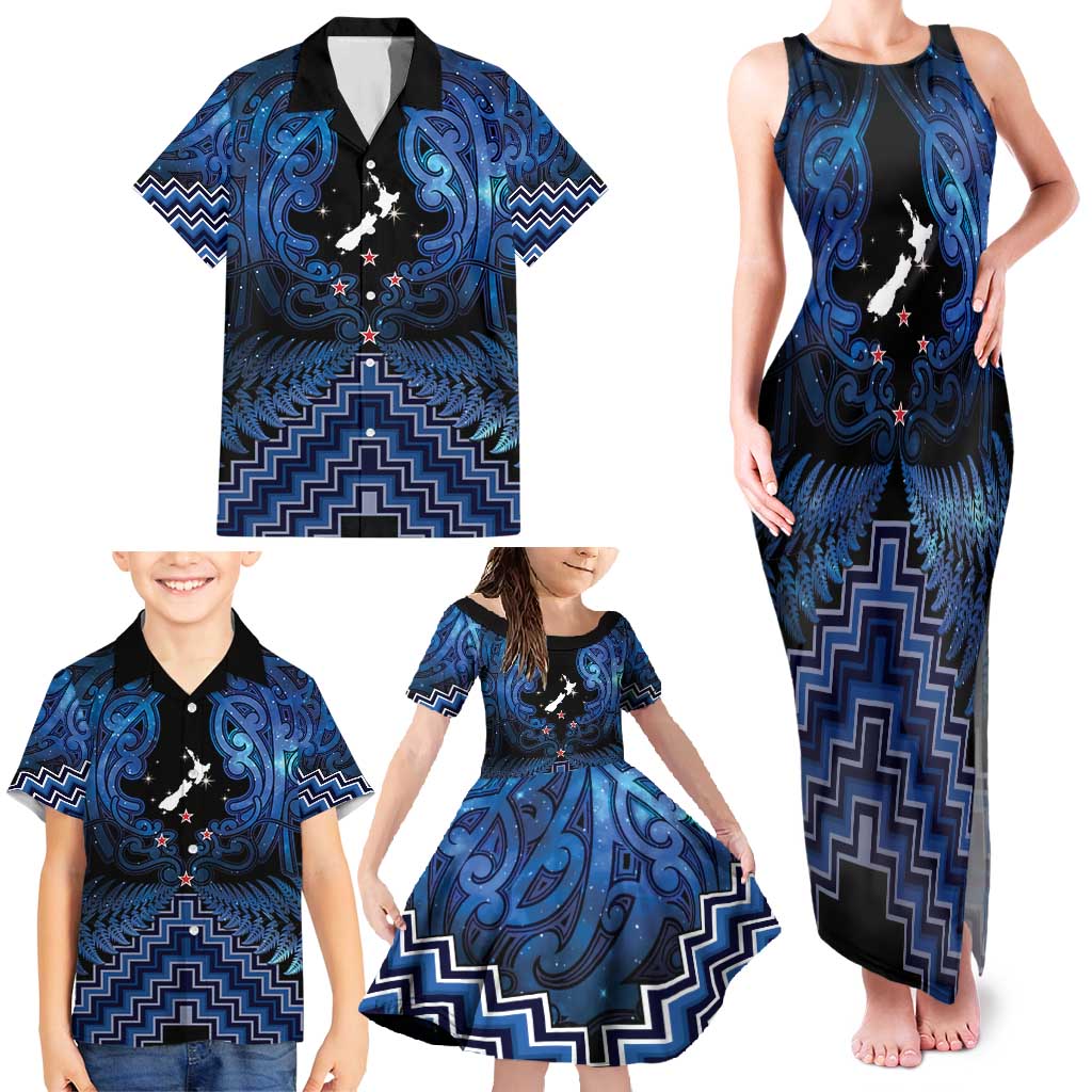 Personalised Aotearoa Matariki Family Matching Tank Maxi Dress and Hawaiian Shirt Blue Fern Maori Poutama