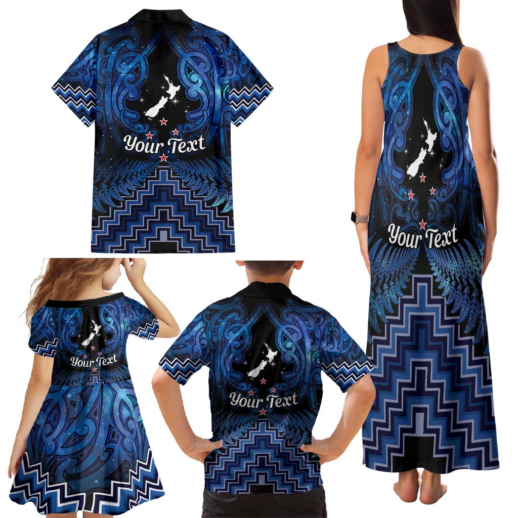 Personalised Aotearoa Matariki Family Matching Tank Maxi Dress and Hawaiian Shirt Blue Fern Maori Poutama