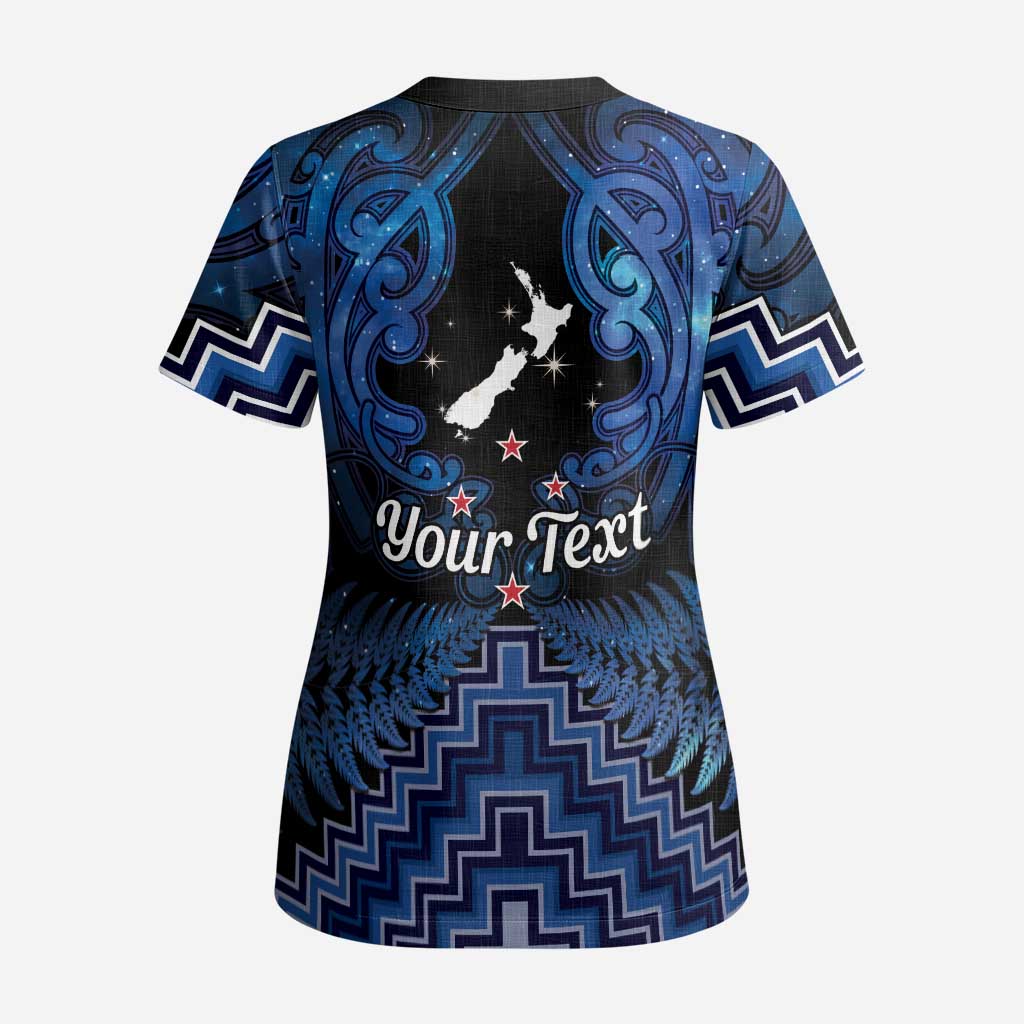 Personalised Aotearoa Matariki Scrub Top Blue Fern Maori Poutama - Polynesian Pride