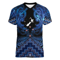 Personalised Aotearoa Matariki Women V-Neck T-Shirt Blue Fern Maori Poutama LT01 Female Blue - Polynesian Pride