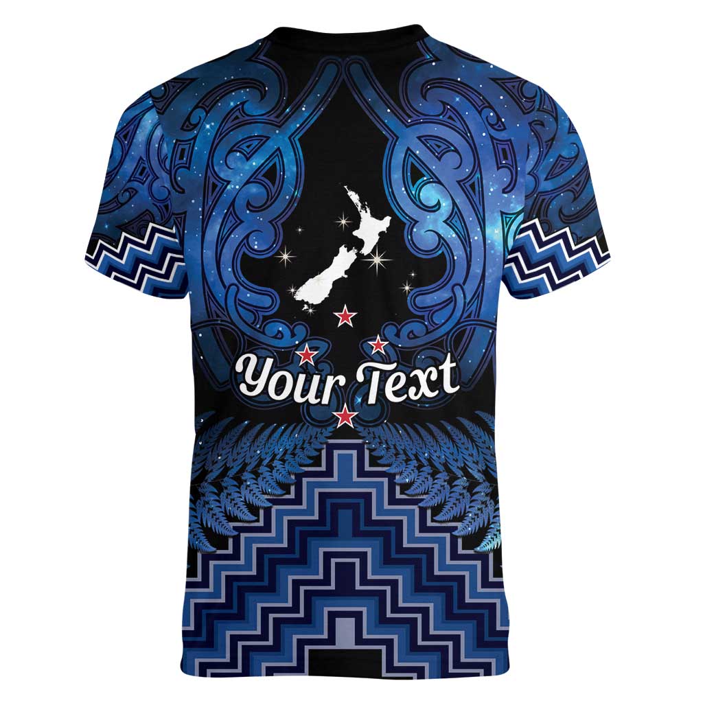Personalised Aotearoa Matariki Women V-Neck T-Shirt Blue Fern Maori Poutama LT01 - Polynesian Pride