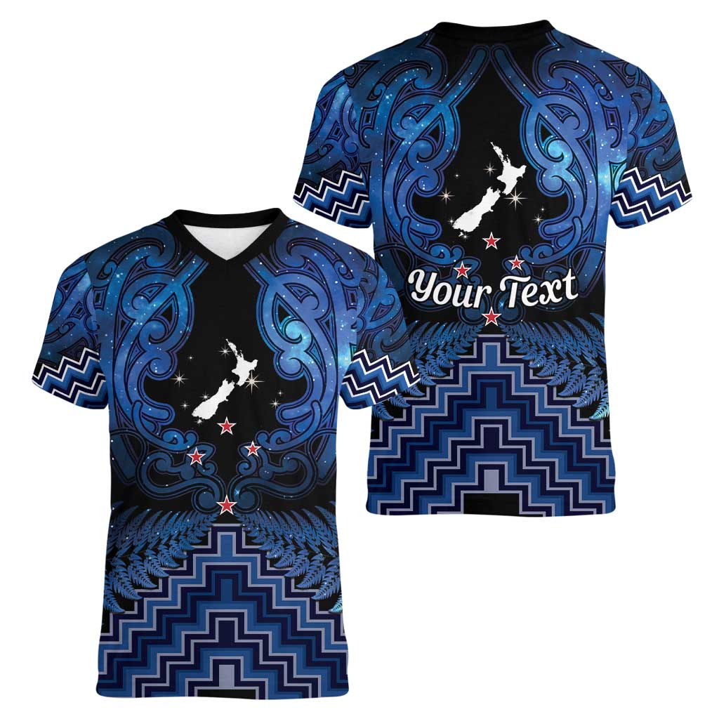 Personalised Aotearoa Matariki Women V-Neck T-Shirt Blue Fern Maori Poutama LT01 - Polynesian Pride