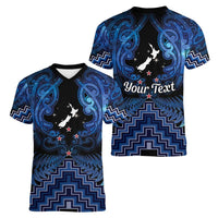 Personalised Aotearoa Matariki Women V-Neck T-Shirt Blue Fern Maori Poutama LT01 - Polynesian Pride