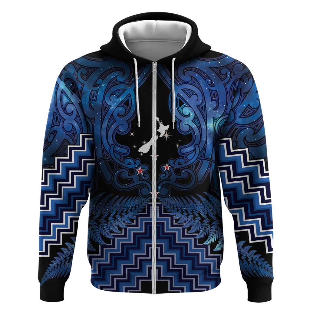 Personalised Aotearoa Matariki Zip Hoodie Blue Fern Maori Poutama