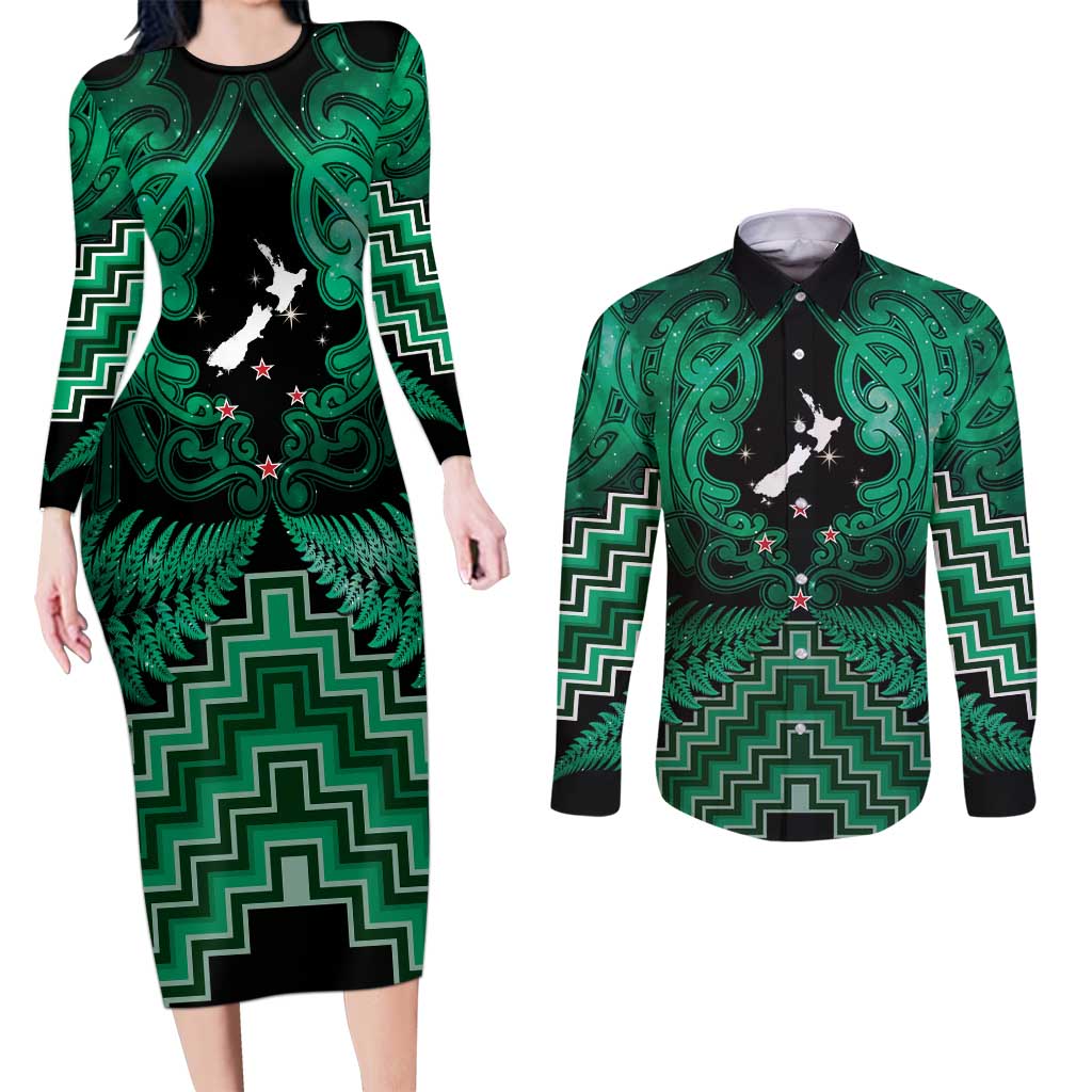 Personalised Aotearoa Matariki Couples Matching Long Sleeve Bodycon Dress and Long Sleeve Button Shirt Green Fern Maori Poutama