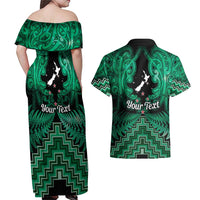 Personalised Aotearoa Matariki Couples Matching Off Shoulder Maxi Dress and Hawaiian Shirt Green Fern Maori Poutama