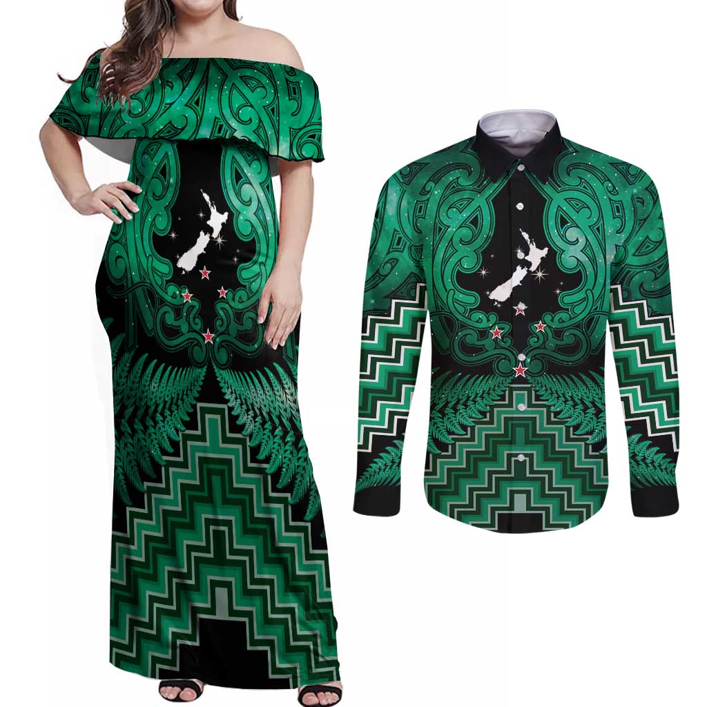 Personalised Aotearoa Matariki Couples Matching Off Shoulder Maxi Dress and Long Sleeve Button Shirt Green Fern Maori Poutama