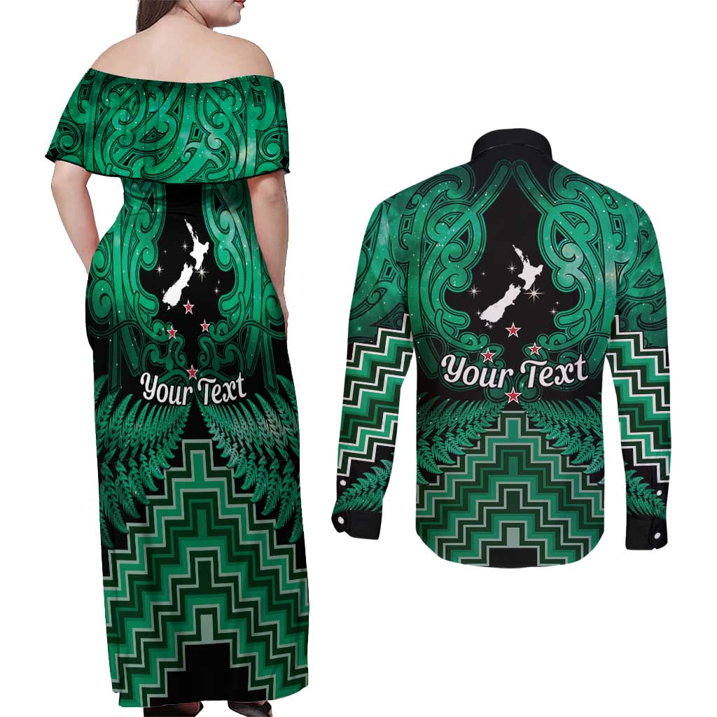 Personalised Aotearoa Matariki Couples Matching Off Shoulder Maxi Dress and Long Sleeve Button Shirt Green Fern Maori Poutama