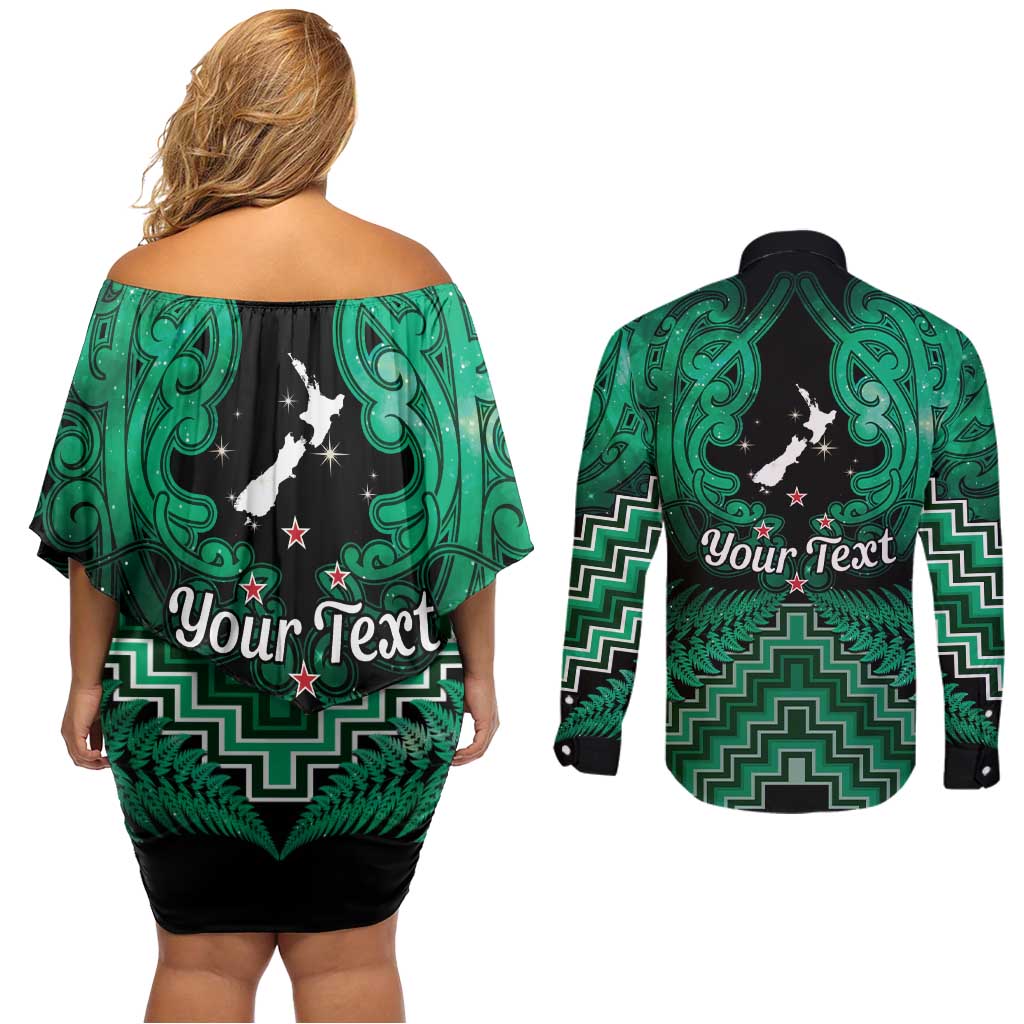 Personalised Aotearoa Matariki Couples Matching Off Shoulder Short Dress and Long Sleeve Button Shirt Green Fern Maori Poutama