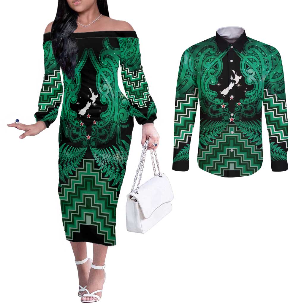 Personalised Aotearoa Matariki Couples Matching Off The Shoulder Long Sleeve Dress and Long Sleeve Button Shirt Green Fern Maori Poutama