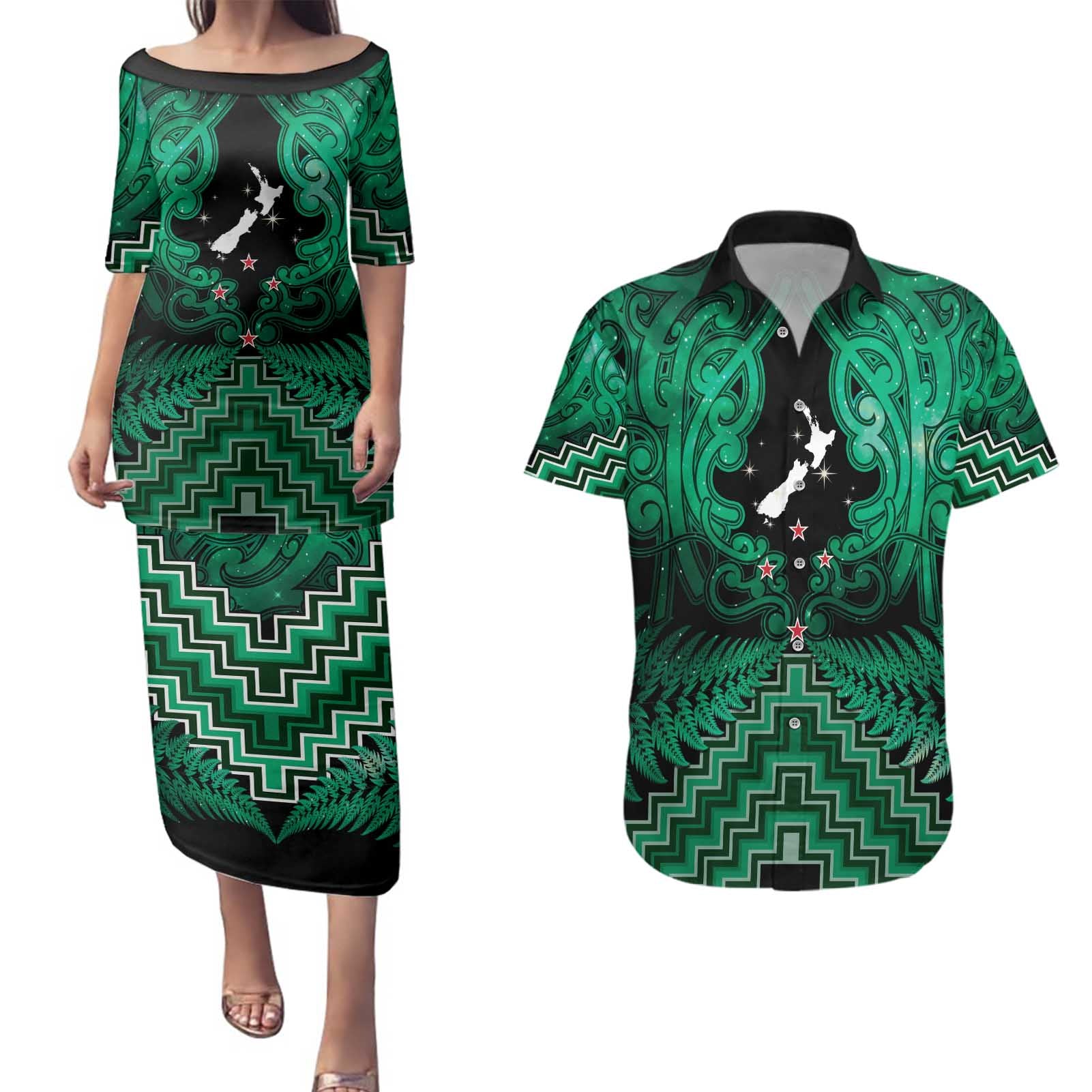 Personalised Aotearoa Matariki Couples Matching Puletasi and Hawaiian Shirt Green Fern Maori Poutama