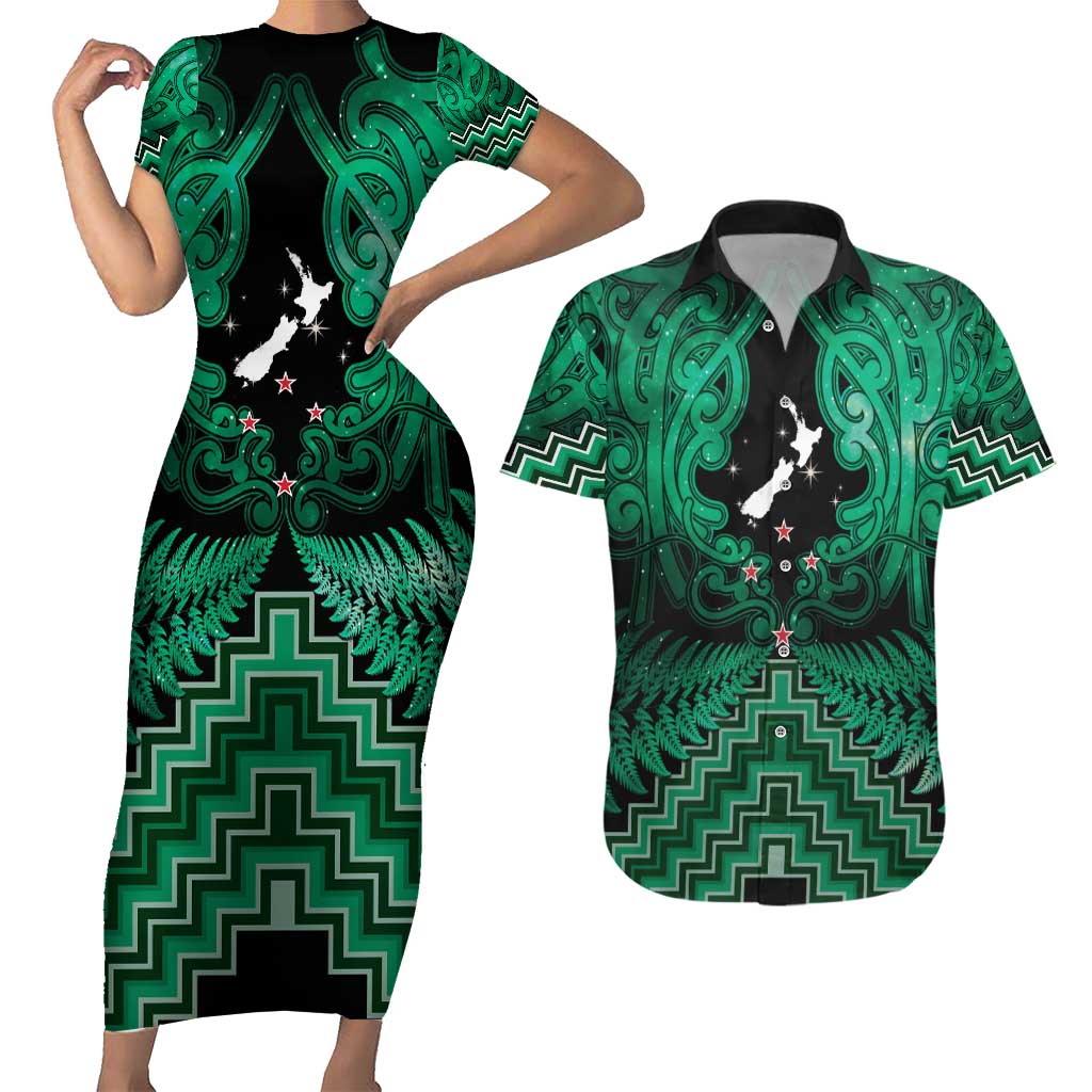 Personalised Aotearoa Matariki Couples Matching Short Sleeve Bodycon Dress and Hawaiian Shirt Green Fern Maori Poutama