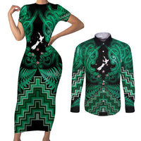 Personalised Aotearoa Matariki Couples Matching Short Sleeve Bodycon Dress and Long Sleeve Button Shirt Green Fern Maori Poutama