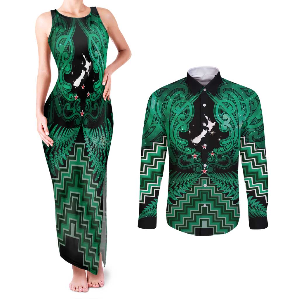 Personalised Aotearoa Matariki Couples Matching Tank Maxi Dress and Long Sleeve Button Shirt Green Fern Maori Poutama