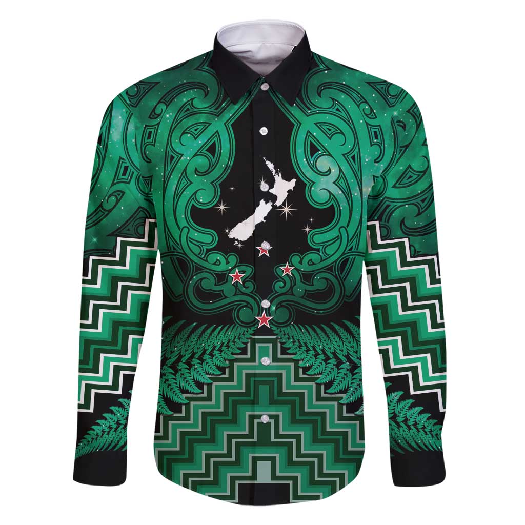 Personalised Aotearoa Matariki Family Matching Long Sleeve Bodycon Dress and Hawaiian Shirt Green Fern Maori Poutama