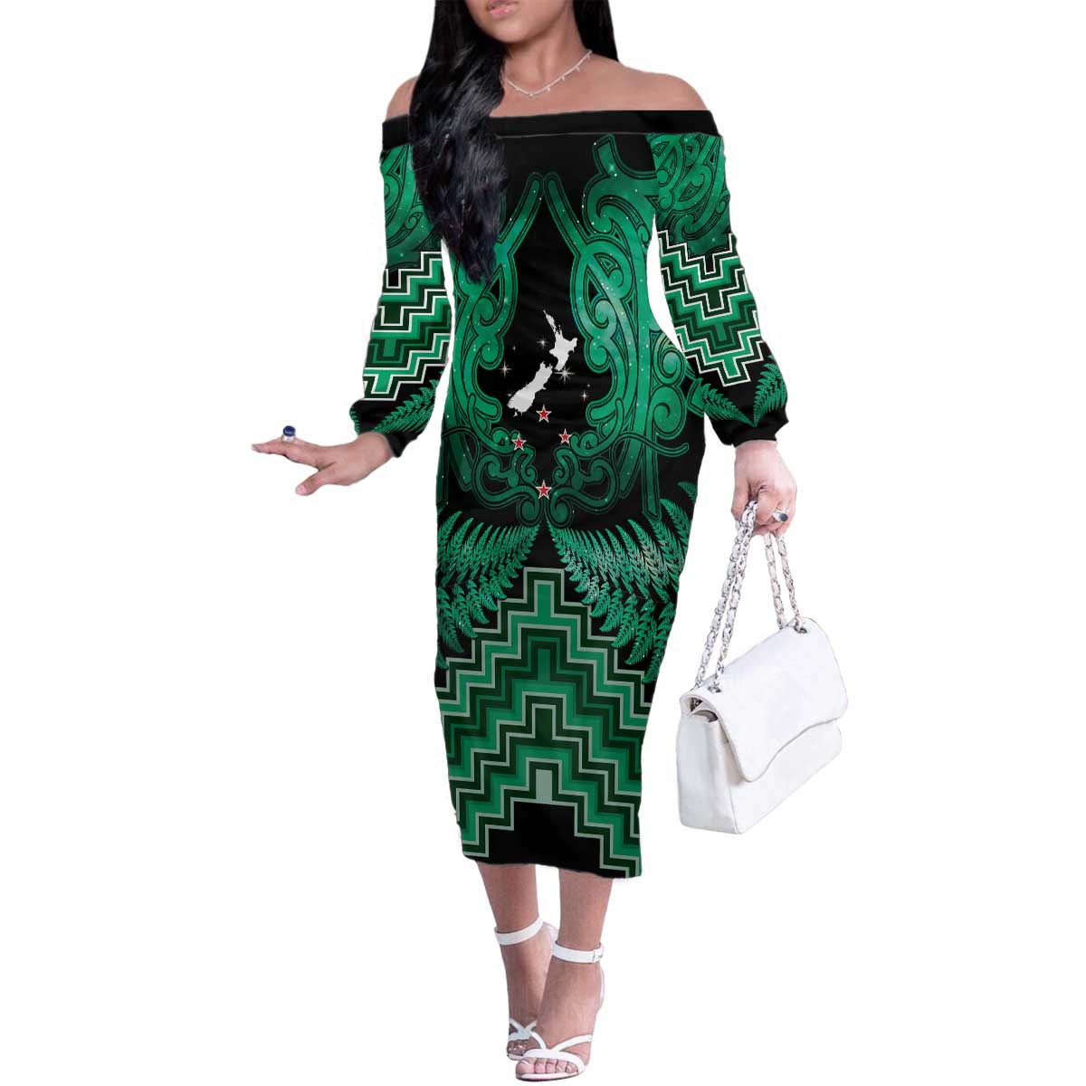 Personalised Aotearoa Matariki Family Matching Off The Shoulder Long Sleeve Dress and Hawaiian Shirt Green Fern Maori Poutama