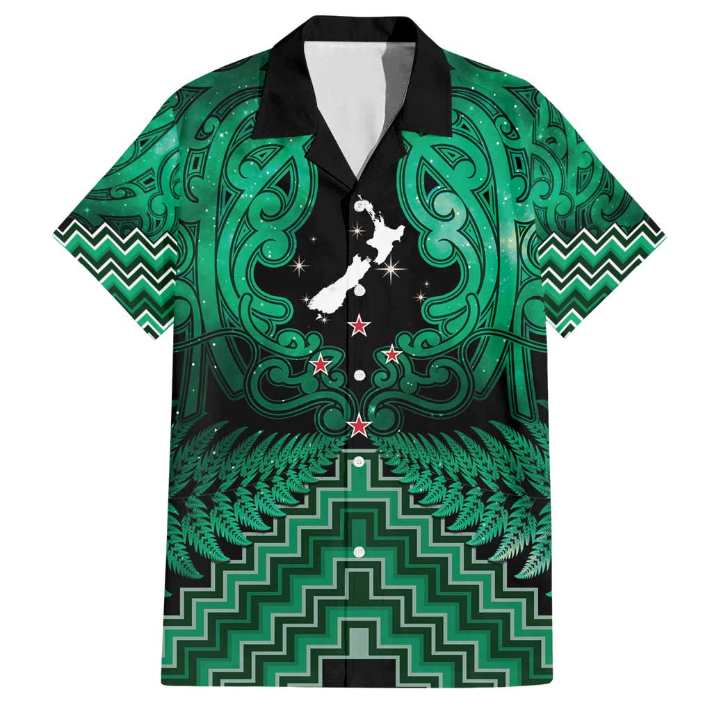 Personalised Aotearoa Matariki Family Matching Off Shoulder Maxi Dress and Hawaiian Shirt Green Fern Maori Poutama