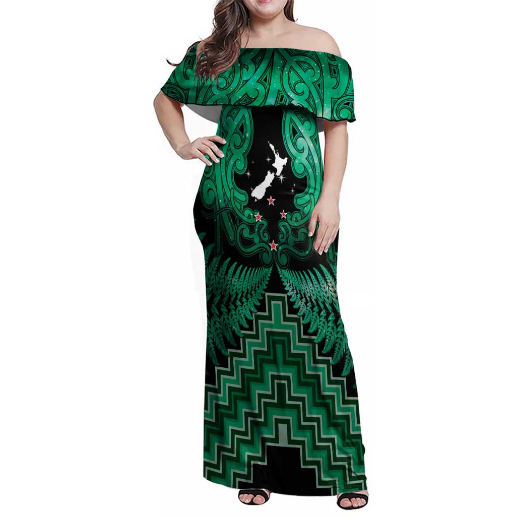 Personalised Aotearoa Matariki Family Matching Off Shoulder Maxi Dress and Hawaiian Shirt Green Fern Maori Poutama