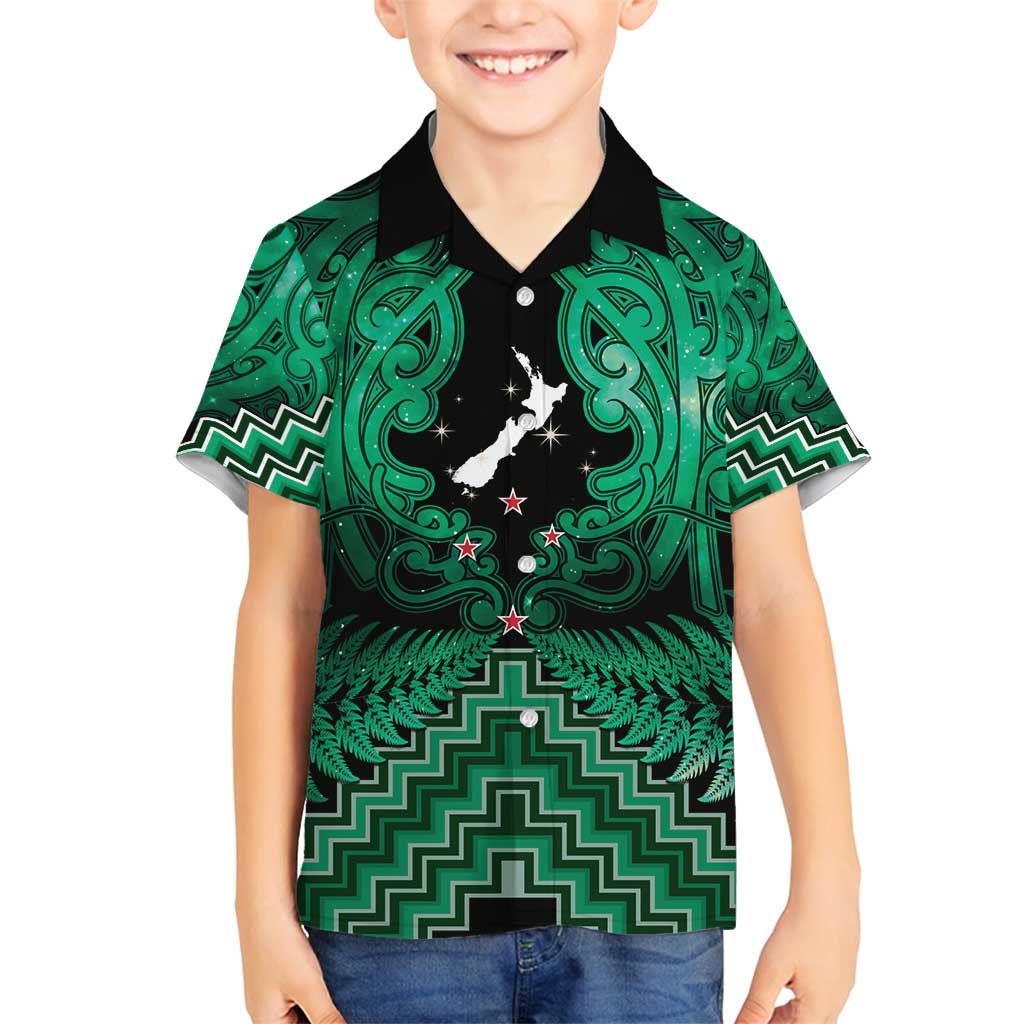 Personalised Aotearoa Matariki Family Matching Off Shoulder Short Dress and Hawaiian Shirt Green Fern Maori Poutama