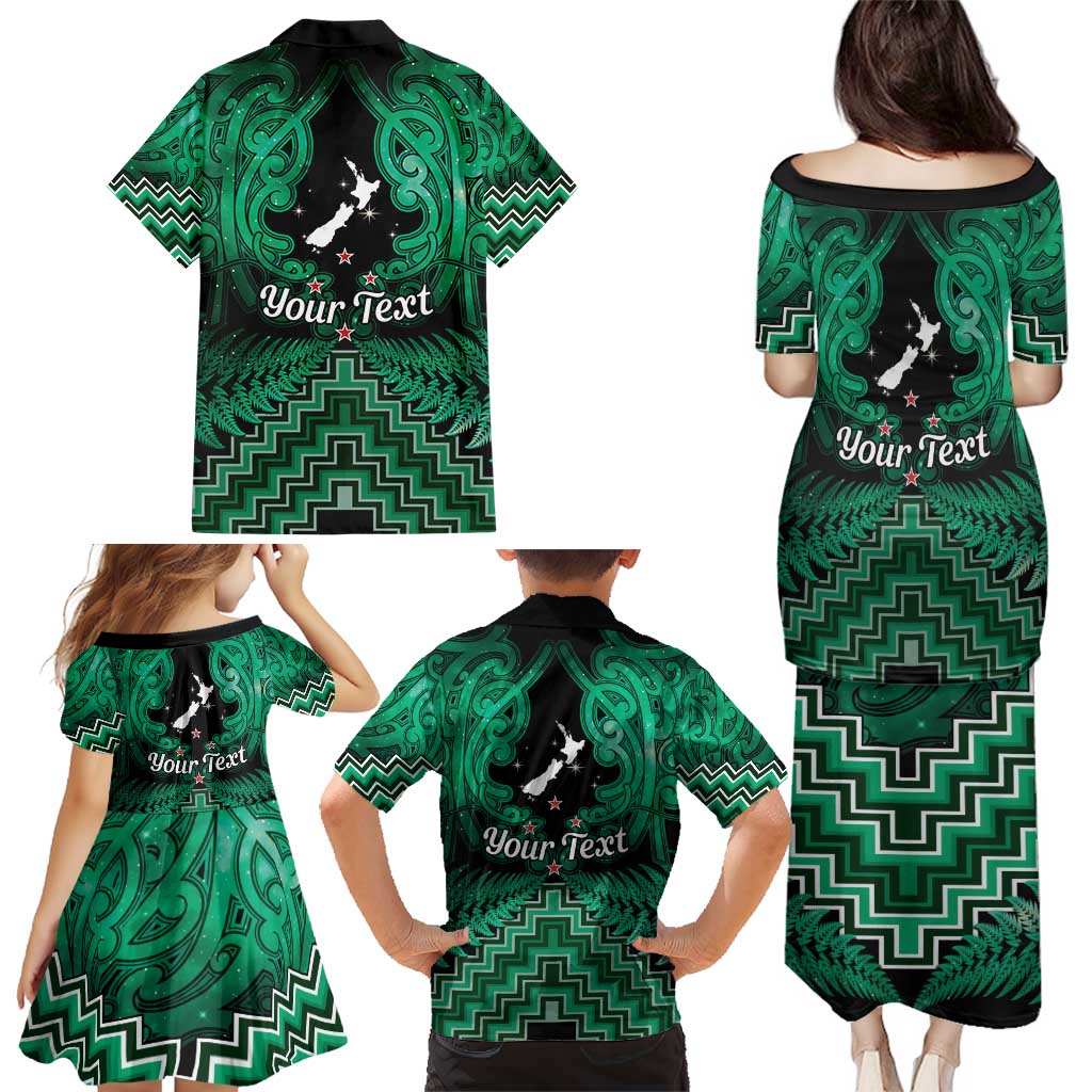Personalised Aotearoa Matariki Family Matching Puletasi and Hawaiian Shirt Green Fern Maori Poutama