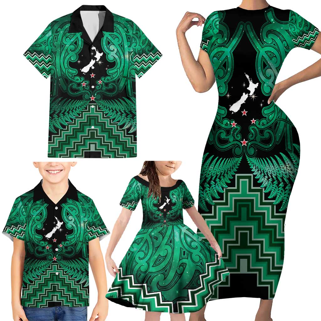 Personalised Aotearoa Matariki Family Matching Short Sleeve Bodycon Dress and Hawaiian Shirt Green Fern Maori Poutama