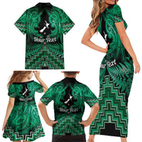 Personalised Aotearoa Matariki Family Matching Short Sleeve Bodycon Dress and Hawaiian Shirt Green Fern Maori Poutama