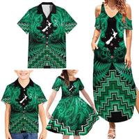 Personalised Aotearoa Matariki Family Matching Summer Maxi Dress and Hawaiian Shirt Green Fern Maori Poutama