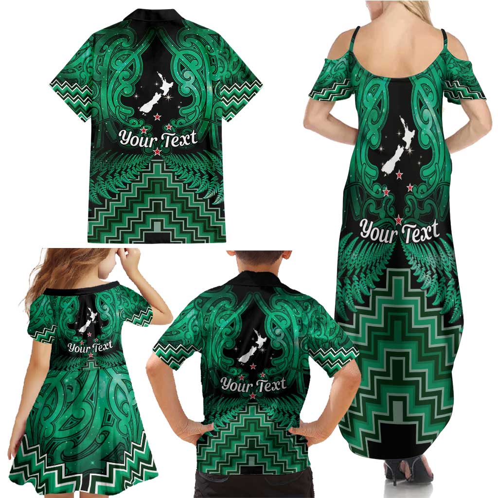 Personalised Aotearoa Matariki Family Matching Summer Maxi Dress and Hawaiian Shirt Green Fern Maori Poutama
