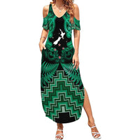 Personalised Aotearoa Matariki Family Matching Summer Maxi Dress and Hawaiian Shirt Green Fern Maori Poutama