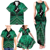 Personalised Aotearoa Matariki Family Matching Tank Maxi Dress and Hawaiian Shirt Green Fern Maori Poutama