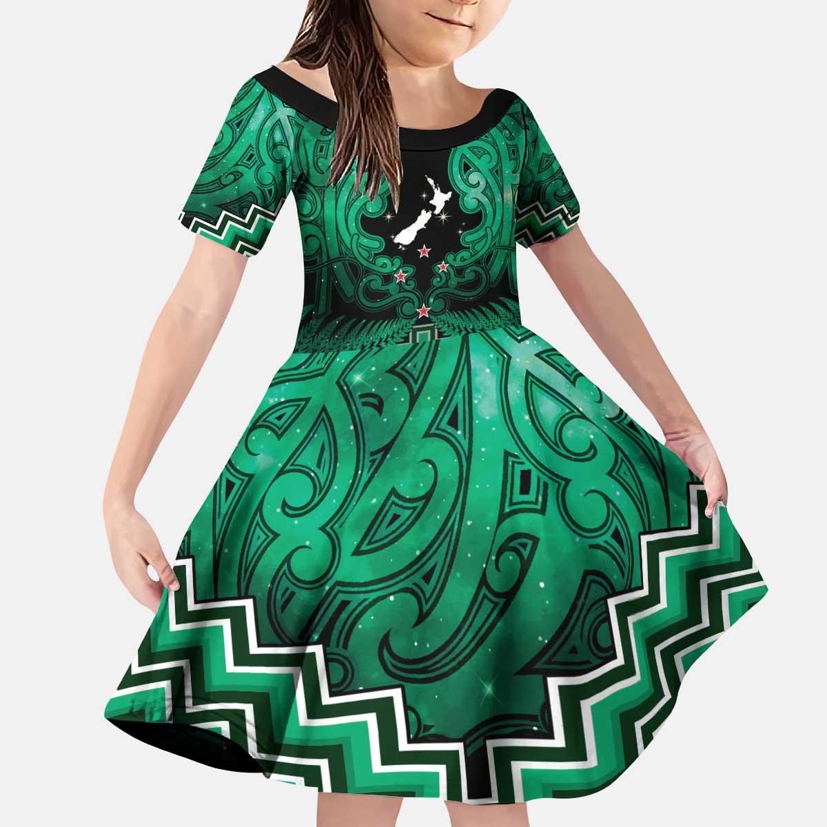 Personalised Aotearoa Matariki Kid Short Sleeve Dress Green Fern Maori Poutama
