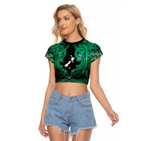 Personalised Aotearoa Matariki Raglan Cropped T Shirt Green Fern Maori Poutama LT01 Female Green - Polynesian Pride