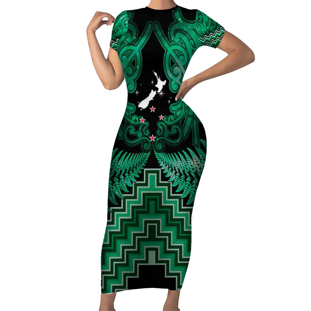 Personalised Aotearoa Matariki Short Sleeve Bodycon Dress Green Fern Maori Poutama