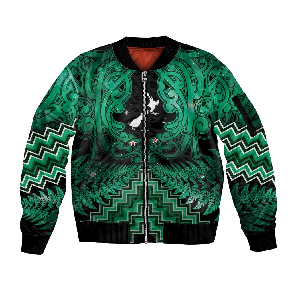 Personalised Aotearoa Matariki Sleeve Zip Bomber Jacket Green Fern Maori Poutama