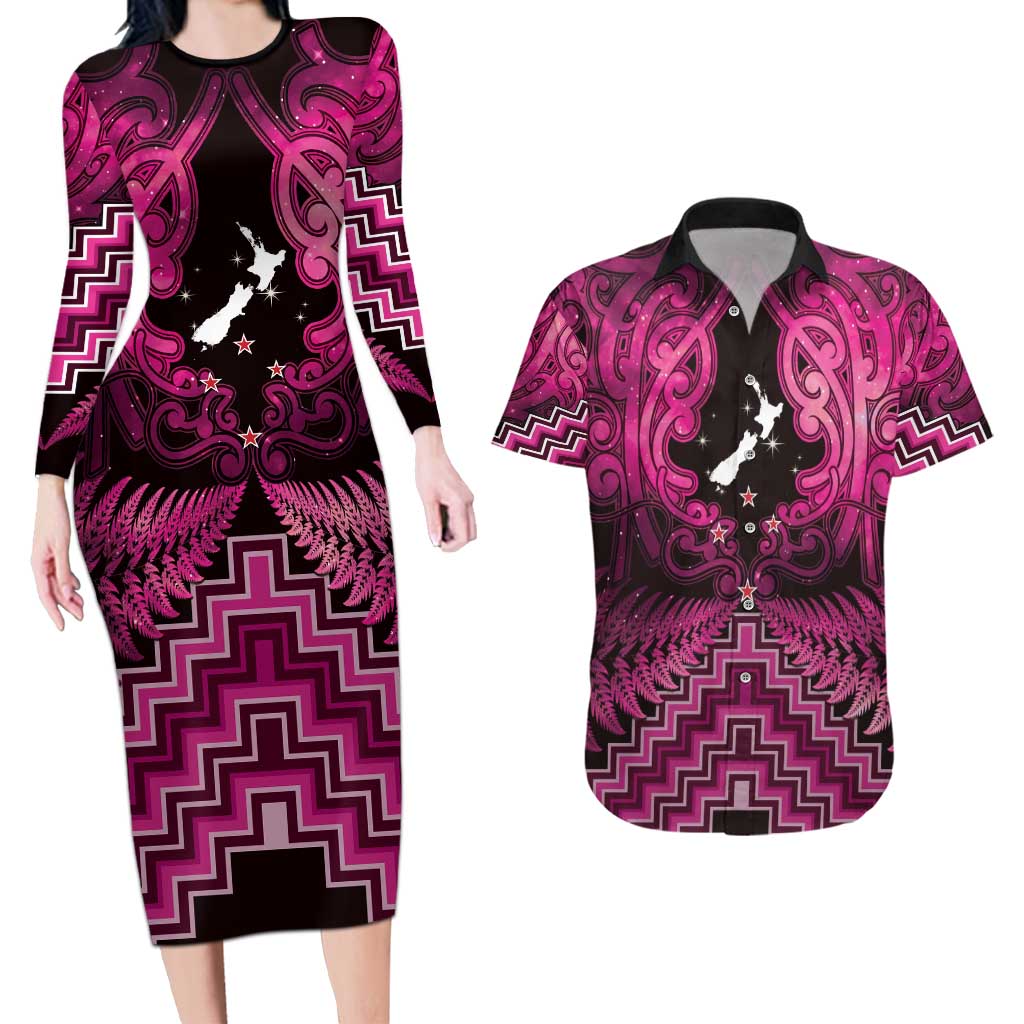 Personalised Aotearoa Matariki Couples Matching Long Sleeve Bodycon Dress and Hawaiian Shirt Pink Fern Maori Poutama