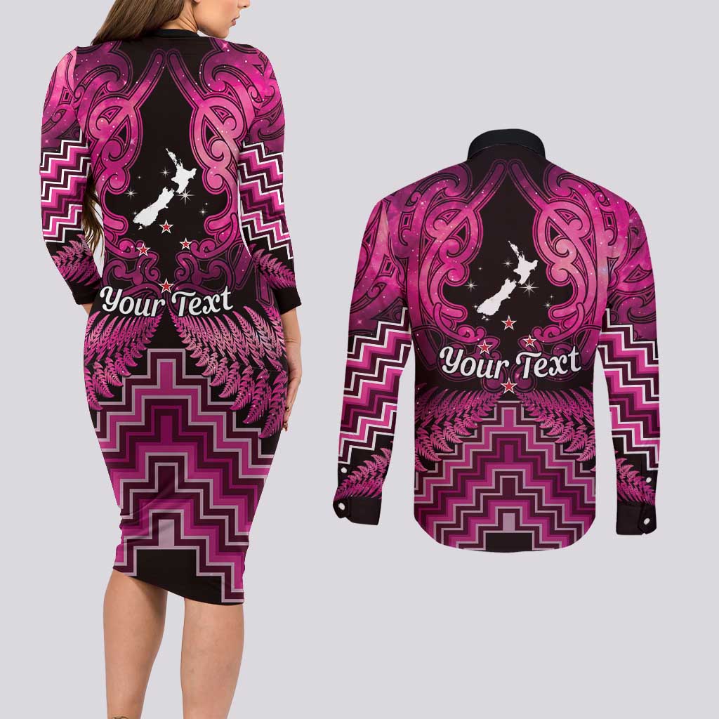 Personalised Aotearoa Matariki Couples Matching Long Sleeve Bodycon Dress and Long Sleeve Button Shirt Pink Fern Maori Poutama