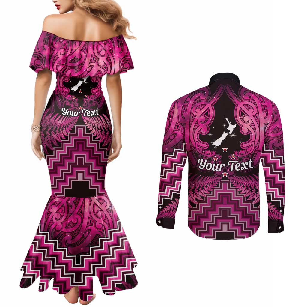 Personalised Aotearoa Matariki Couples Matching Mermaid Dress and Long Sleeve Button Shirt Pink Fern Maori Poutama