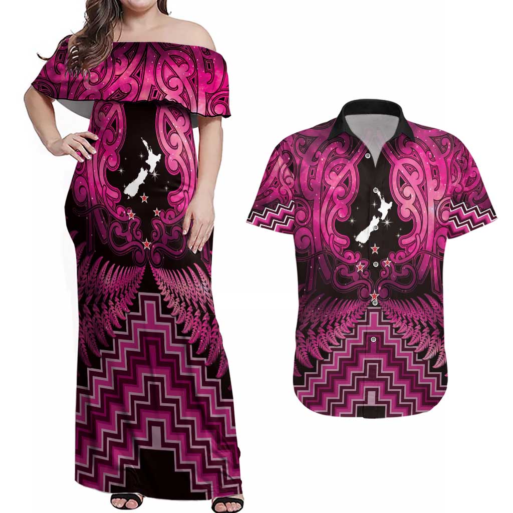 Personalised Aotearoa Matariki Couples Matching Off Shoulder Maxi Dress and Hawaiian Shirt Pink Fern Maori Poutama