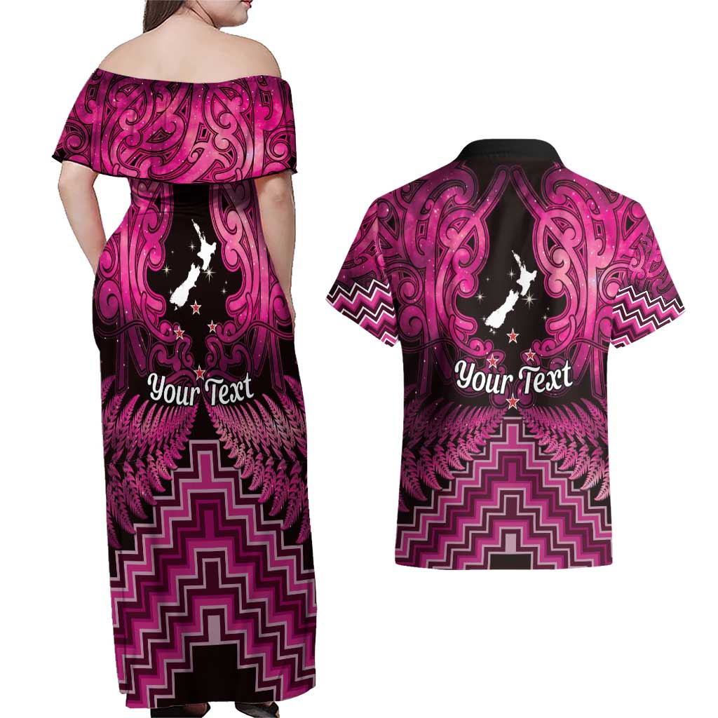 Personalised Aotearoa Matariki Couples Matching Off Shoulder Maxi Dress and Hawaiian Shirt Pink Fern Maori Poutama