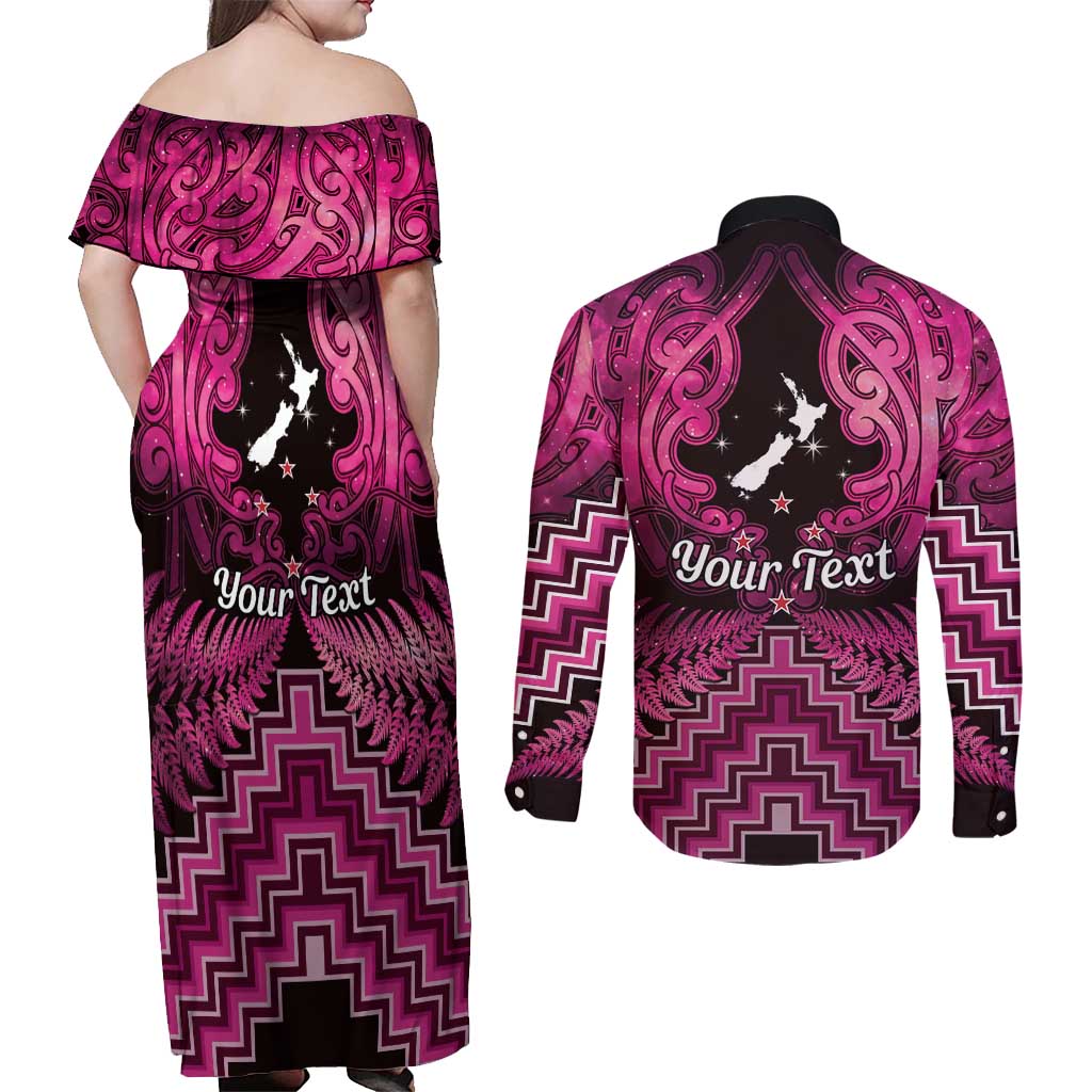 Personalised Aotearoa Matariki Couples Matching Off Shoulder Maxi Dress and Long Sleeve Button Shirt Pink Fern Maori Poutama