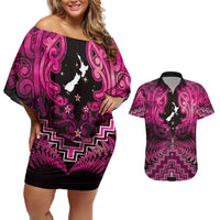 Personalised Aotearoa Matariki Couples Matching Off Shoulder Short Dress and Hawaiian Shirt Pink Fern Maori Poutama