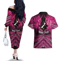 Personalised Aotearoa Matariki Couples Matching Off The Shoulder Long Sleeve Dress and Hawaiian Shirt Pink Fern Maori Poutama