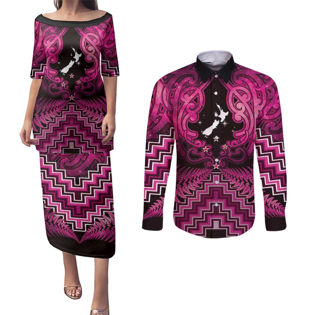 Personalised Aotearoa Matariki Couples Matching Puletasi and Long Sleeve Button Shirt Pink Fern Maori Poutama LT01 Pink - Polynesian Pride