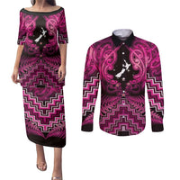 Personalised Aotearoa Matariki Couples Matching Puletasi and Long Sleeve Button Shirt Pink Fern Maori Poutama LT01 Pink - Polynesian Pride