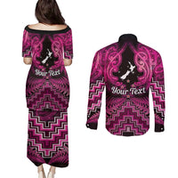 Personalised Aotearoa Matariki Couples Matching Puletasi and Long Sleeve Button Shirt Pink Fern Maori Poutama LT01 - Polynesian Pride