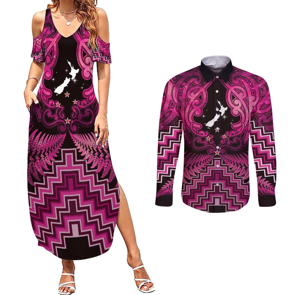 Personalised Aotearoa Matariki Couples Matching Summer Maxi Dress and Long Sleeve Button Shirt Pink Fern Maori Poutama